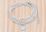 GMN7552 4mm faceted round tiny white moonstone beaded necklace with letter charm