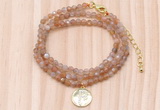 GMN7553 4mm faceted round tiny orange moonstone beaded necklace with letter charm