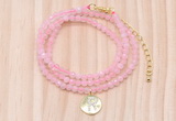 GMN7556 4mm faceted round tiny rose quartz beaded necklace with letter charm