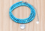 GMN7563 4mm faceted round turquoise beaded necklace with letter charm