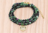 GMN7564 4mm faceted round ruby zoisite beaded necklace with letter charm