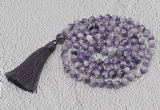 GMN763 Hand-knotted 8mm, 10mm dogtooth amethyst 108 beads mala necklaces with tassel