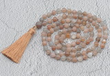 GMN767 Hand-knotted 8mm, 10mm moonstone 108 beads mala necklaces with tassel