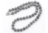 GMN7777 18 - 36 inches 8mm, 10mm round grey picture jasper beaded necklaces