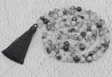 GMN783 Hand-knotted 8mm, 10mm black rutilated quartz 108 beads mala necklaces with tassel