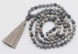 GMN792 Hand-knotted 8mm, 10mm black water jasper 108 beads mala necklace with tassel