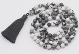 GMN793 Hand-knotted 8mm, 10mm black & white jasper 108 beads mala necklace with tassel