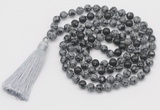 GMN794 Hand-knotted 8mm, 10mm snowflake obsidian 108 beads mala necklace with tassel