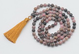 GMN795 Hand-knotted 8mm, 10mm rhodonite 108 beads mala necklace with tassel