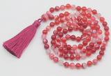 GMN798 Hand-knotted 8mm, 10mm red banded agate 108 beads mala necklace with tassel