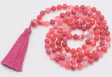 GMN803 Hand-knotted 8mm, 10mm red banded agate 108 beads mala necklace with tassel