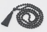 GMN806 Hand-knotted 8mm, 10mm black lava 108 beads mala necklace with tassel