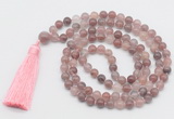 GMN812 Hand-knotted 8mm, 10mm purple strawberry quartz 108 beads mala necklace with tassel