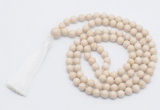 GMN815 Hand-knotted 8mm, 10mm white fossil jasper 108 beads mala necklace with tassel