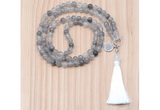 GMN8207 18 - 36 inches 8mm cloudy quartz 54, 108 beads mala necklace with tassel