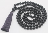 GMN822 Hand-knotted 8mm, 10mm black obsidian 108 beads mala necklace with tassel