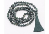 GMN8406 8mm, 10mm moss agate 27, 54, 108 beads mala necklace with tassel