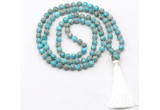 GMN8412 8mm, 10mm blue sea sediment jasper 27, 54, 108 beads mala necklace with tassel