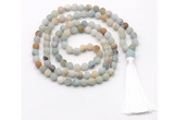 GMN8425 8mm, 10mm matte amazonite 27, 54, 108 beads mala necklace with tassel