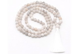 GMN8444 8mm, 10mm matte white crazy agate 27, 54, 108 beads mala necklace with tassel