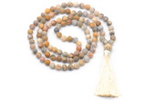 GMN8445 8mm, 10mm matte yellow crazy agate 27, 54, 108 beads mala necklace with tassel