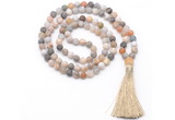 GMN8446 8mm, 10mm matte bamboo leaf agate 27, 54, 108 beads mala necklace with tassel