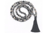 GMN8453 8mm, 10mm matte black water jasper 27, 54, 108 beads mala necklace with tassel