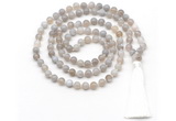 GMN8491 8mm, 10mm grey banded agate 27, 54, 108 beads mala necklace with tassel