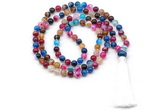 GMN8496 8mm, 10mm colorful banded agate 27, 54, 108 beads mala necklace with tassel