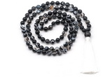 GMN8499 8mm, 10mm black banded agate 27, 54, 108 beads mala necklace with tassel