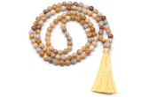 GMN8521 8mm, 10mm fossil coral 27, 54, 108 beads mala necklace with tassel