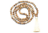 GMN8522 8mm, 10mm picture jasper 27, 54, 108 beads mala necklace with tassel