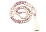 GMN8550 8mm, 10mm white fossil jasper & pink wooden jasper 108 beads mala necklace with tassel