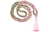 GMN8551 8mm, 10mm unakite & pink wooden jasper 108 beads mala necklace with tassel