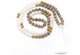 GMN8553 8mm, 10mm unakite, white jade & hematite 108 beads mala necklace with tassel