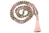 GMN8554 8mm, 10mm matte unakite, pink wooden jasper & hematite 108 beads mala necklace with tassel