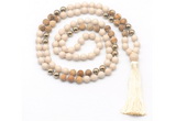 GMN8555 8mm, 10mm white fossil jasper, picture jasper & hematite 108 beads mala necklace with tassel