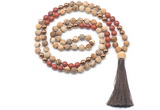 GMN8556 8mm, 10mm matte picture jasper, red jasper & hematite 108 beads mala necklace with tassel