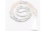 GMN8559 8mm, 10mm matte rose quartz & matte white howlite 108 beads mala necklace with tassel