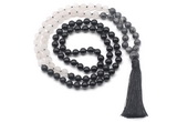 GMN8560 8mm, 10mm black labradorite, matte rose quartz & black agate 108 beads mala necklace with tassel