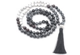 GMN8561 8mm, 10mm snowflake obsidian, matte white howlite & garnet 108 beads mala necklace with tassel