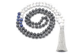 GMN8562 8mm, 10mm black labradorite, lapis lazuli & matte white howlite 108 beads mala necklace with tassel