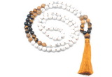 GMN8563 8mm, 10mm matte white howlite & mixed gemstone 108 beads mala necklace with tassel