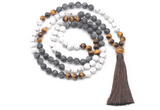 GMN8564 8mm, 10mm matte white howlite, black labradorite & yellow tiger eye 108 beads mala necklace with tassel