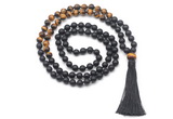 GMN8565 8mm, 10mm matte black agate & yellow tiger eye 108 beads mala necklace with tassel