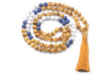 GMN8571 8mm, 10mm golden tiger eye, lapis lazuli & matte white howlite 108 beads mala necklace with tassel