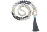 GMN8572 8mm, 10mm matte amazonite & black lava 108 beads mala necklace with tassel