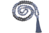 GMN8573 8mm, 10mm blue spot stone & black lava 108 beads mala necklace with tassel