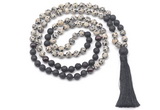 GMN8574 8mm, 10mm dalmatian jasper, black lava & garnet 108 beads mala necklace with tassel