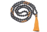 GMN8575 8mm, 10mm black lava & yellow tiger eye 108 beads mala necklace with tassel